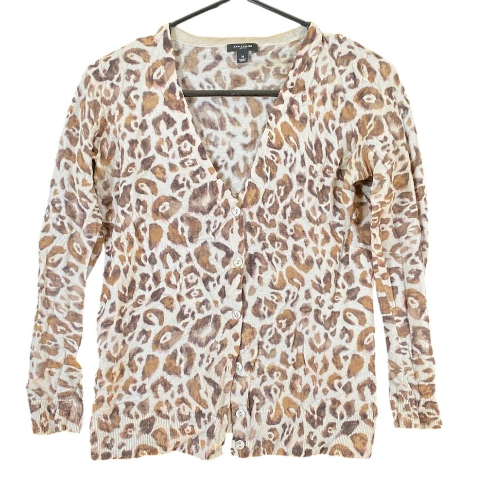 Ann Taylor Womens Sweater Tan Brown Cardigan Cheetah Print Long Sleeve M